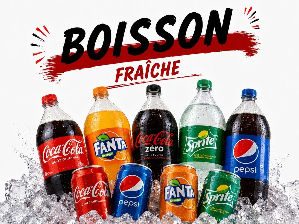 Carte des boissons fraîches : Coca-Cola, Fanta, Sprite, Pepsi et autres