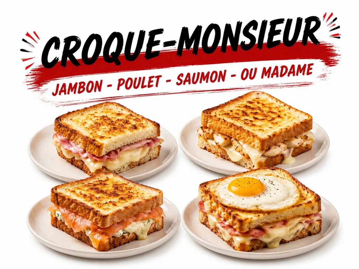 Croque-monsieur : jambon, poulet, saumon ou madame