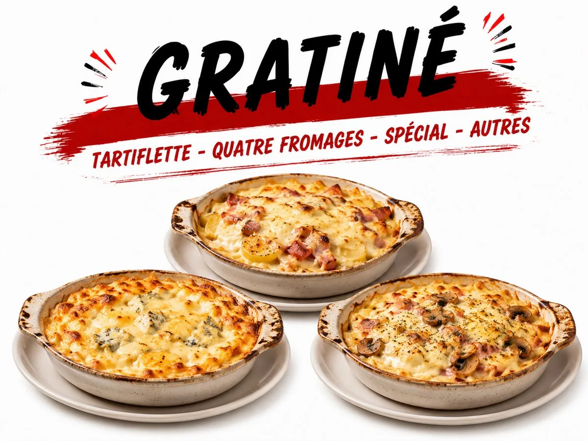 Gratiné : tartiflette, quatre fromages, spécial et autres